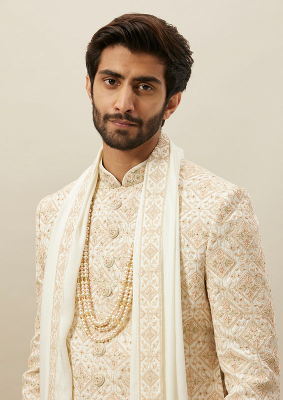 Twamev Men Cream Heavy Embroidery Sherwani Set