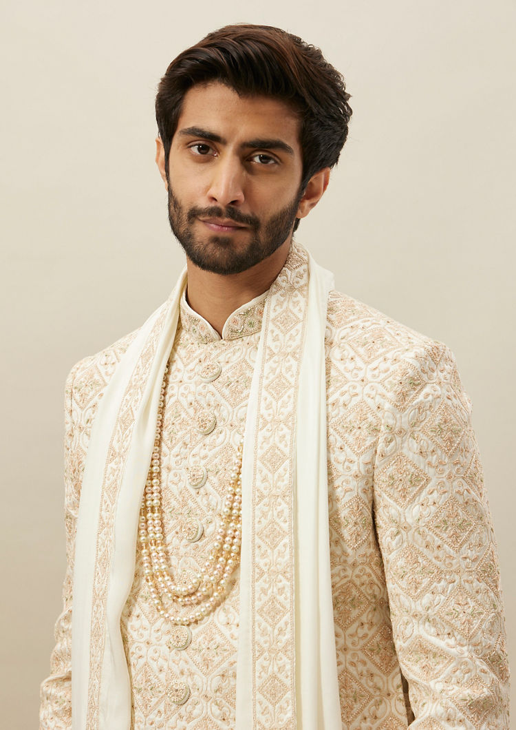 Twamev Men Cream Heavy Embroidery Sherwani Set image number 1