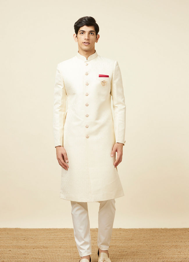 Manyavar Men Light Cream Self Design Sherwani