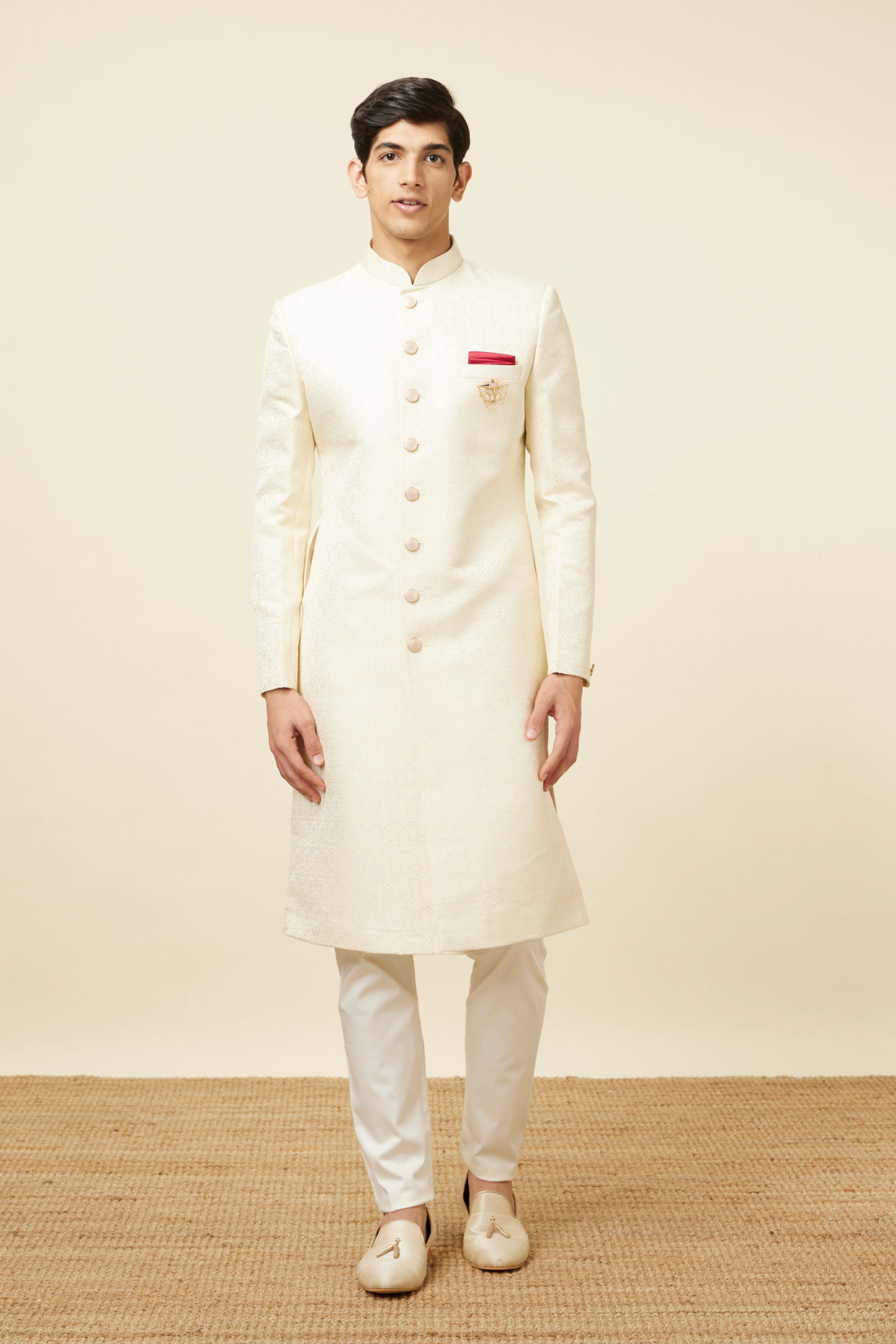 Manyavar Men Light Cream Self Design Sherwani