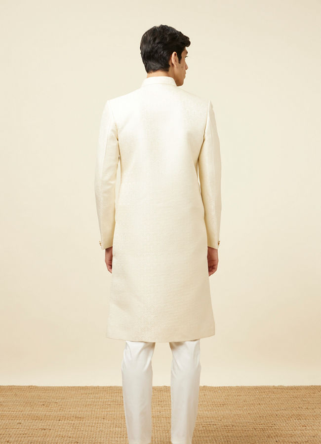 Manyavar Men Light Cream Self Design Sherwani