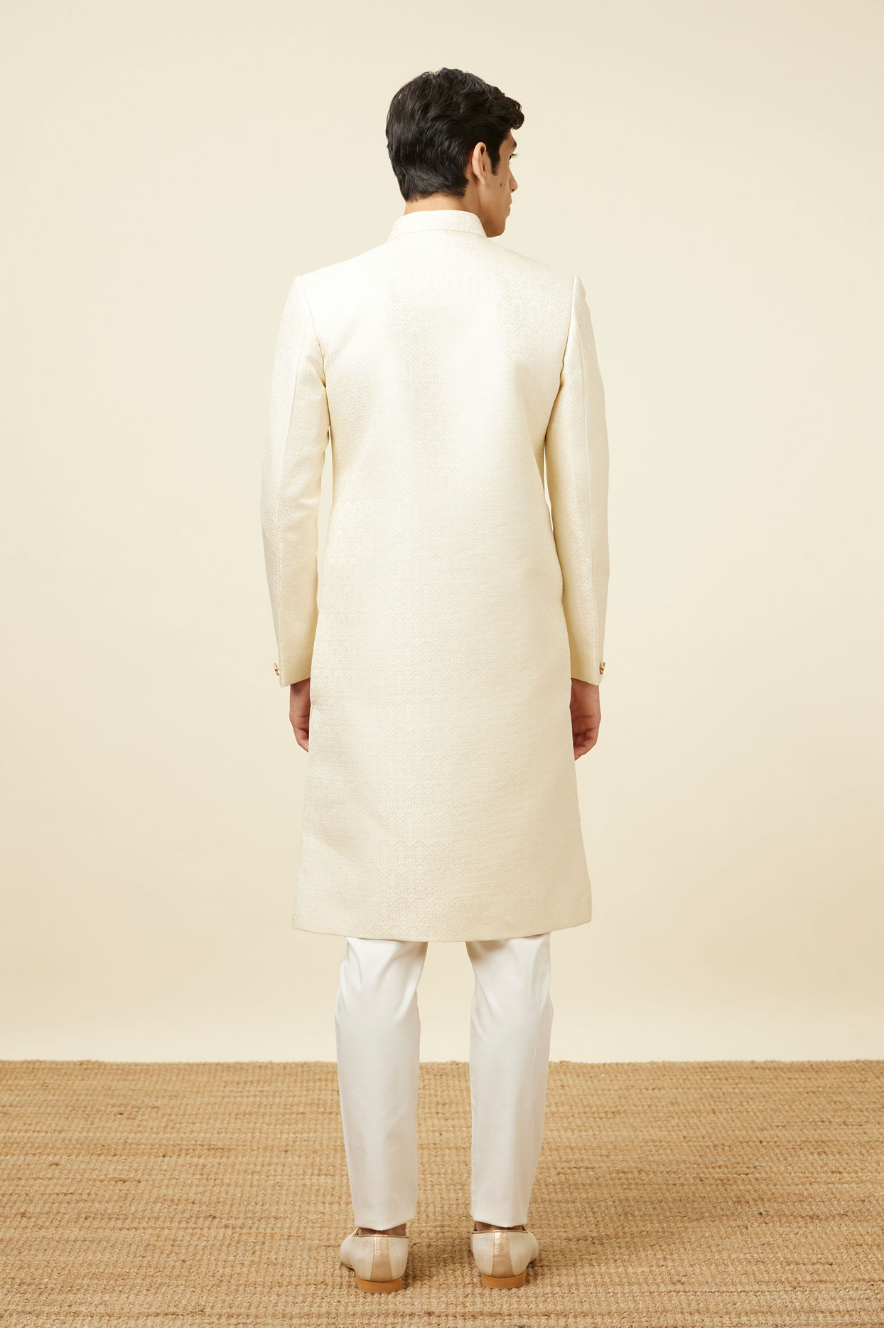 Manyavar Men Light Cream Self Design Sherwani