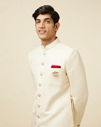 Manyavar Men Light Cream Self Design Sherwani