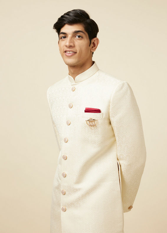 Manyavar Men Light Cream Self Design Sherwani