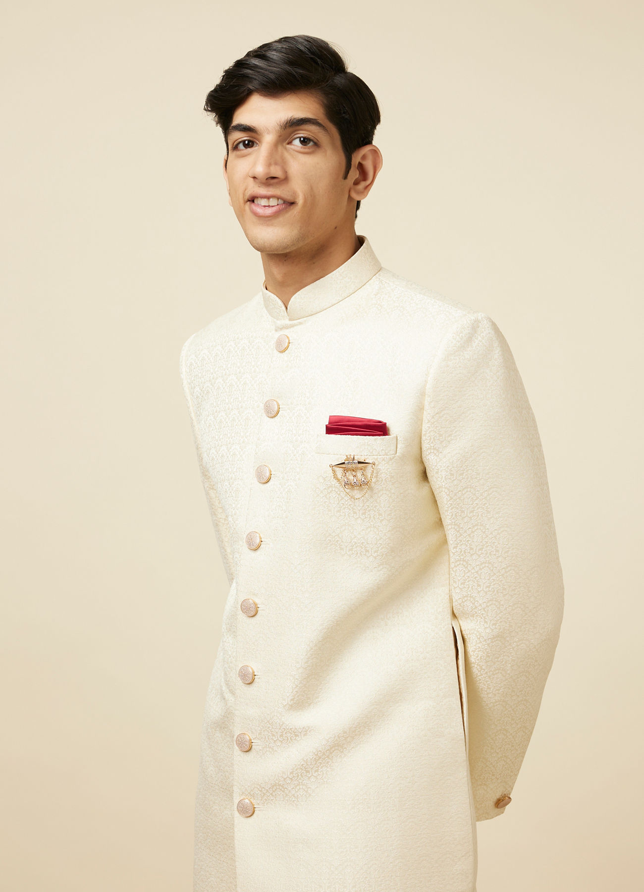 Manyavar Men Light Cream Self Design Sherwani