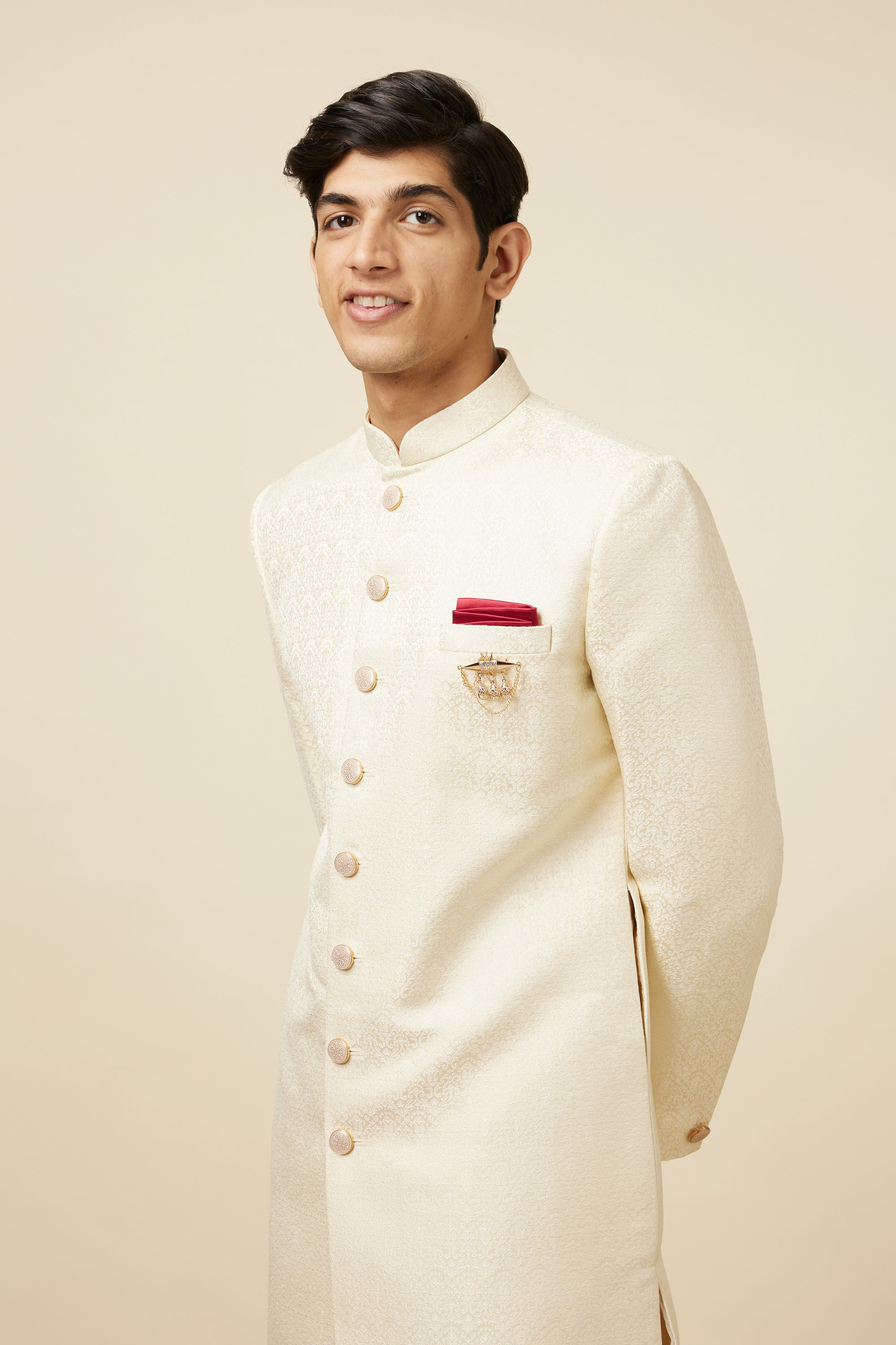 Manyavar Men Light Cream Self Design Sherwani