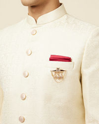 Manyavar Men Light Cream Self Design Sherwani