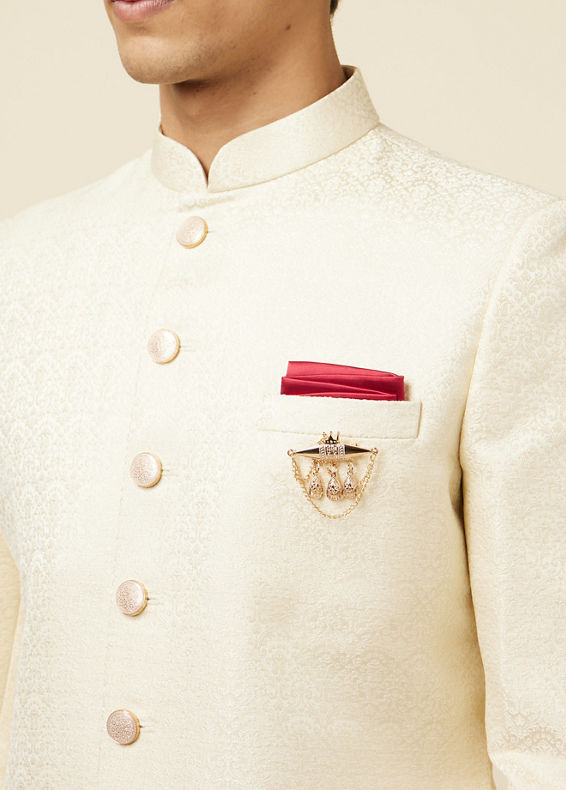 Manyavar Men Light Cream Self Design Sherwani