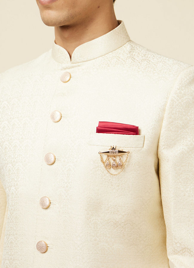 Manyavar Men Light Cream Self Design Sherwani