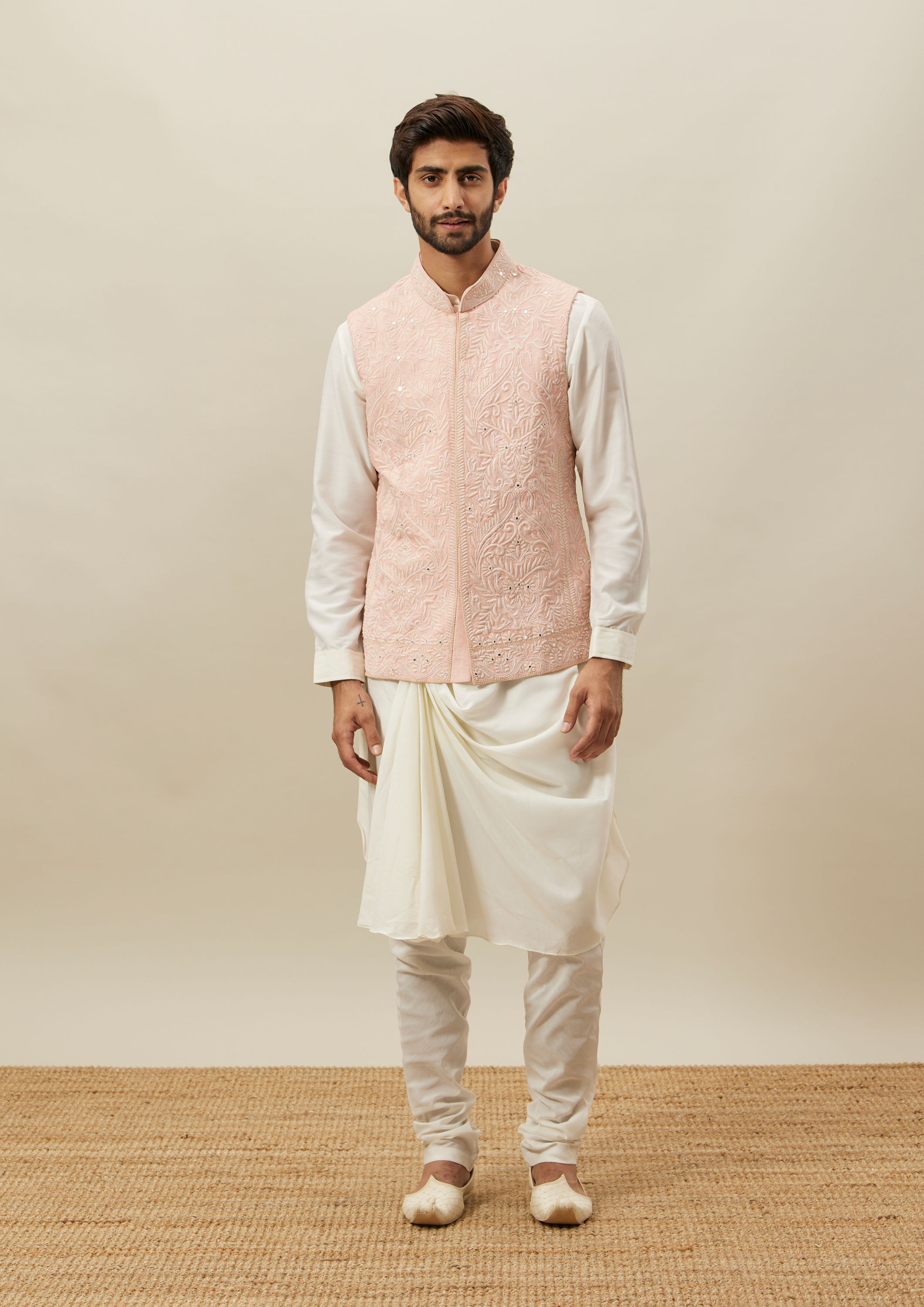 Twamev Men Light Pink Self Embroidered Draped Kurta Jacket Set image number 2