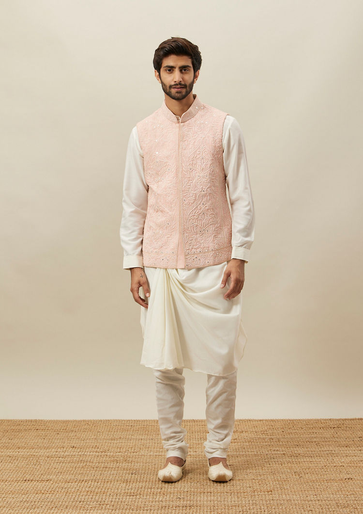 Twamev Men Light Pink Self Embroidered Draped Kurta Jacket Set