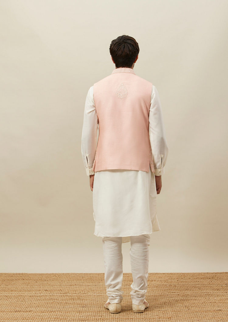 Twamev Men Light Pink Self Embroidered Draped Kurta Jacket Set image number 3