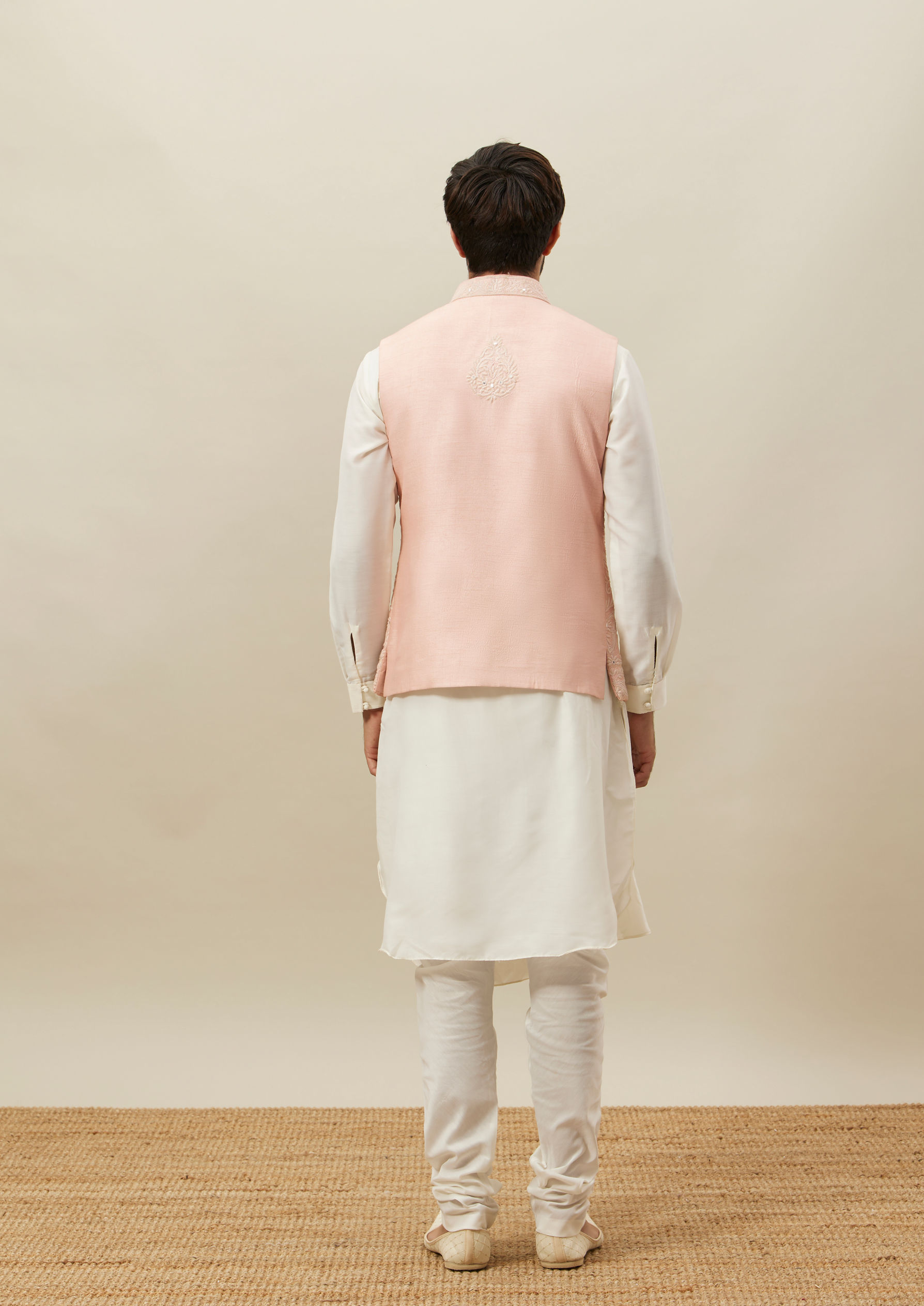 Twamev Men Light Pink Self Embroidered Draped Kurta Jacket Set