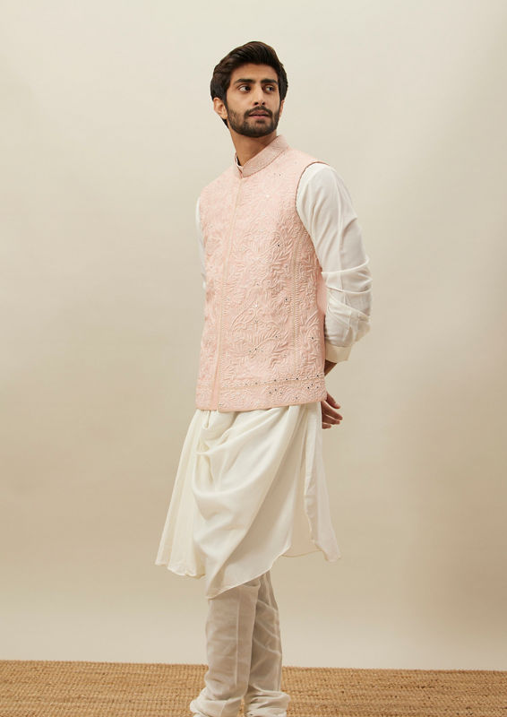 Twamev Men Light Pink Self Embroidered Draped Kurta Jacket Set