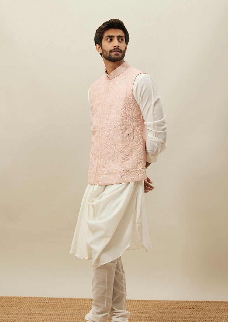 Twamev Men Light Pink Self Embroidered Draped Kurta Jacket Set