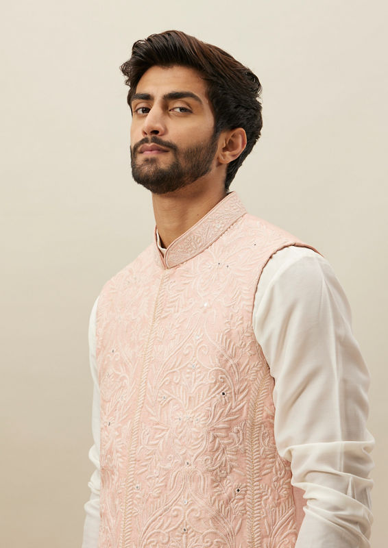 Twamev Men Light Pink Self Embroidered Draped Kurta Jacket Set