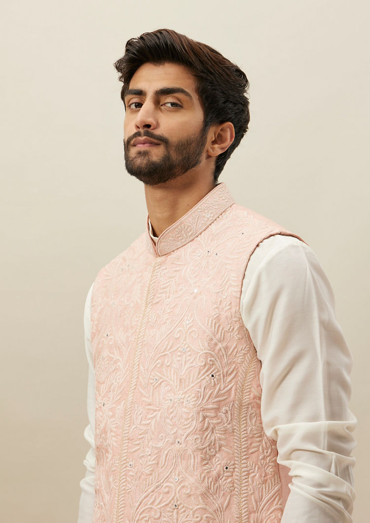 Twamev Men Light Pink Self Embroidered Draped Kurta Jacket Set