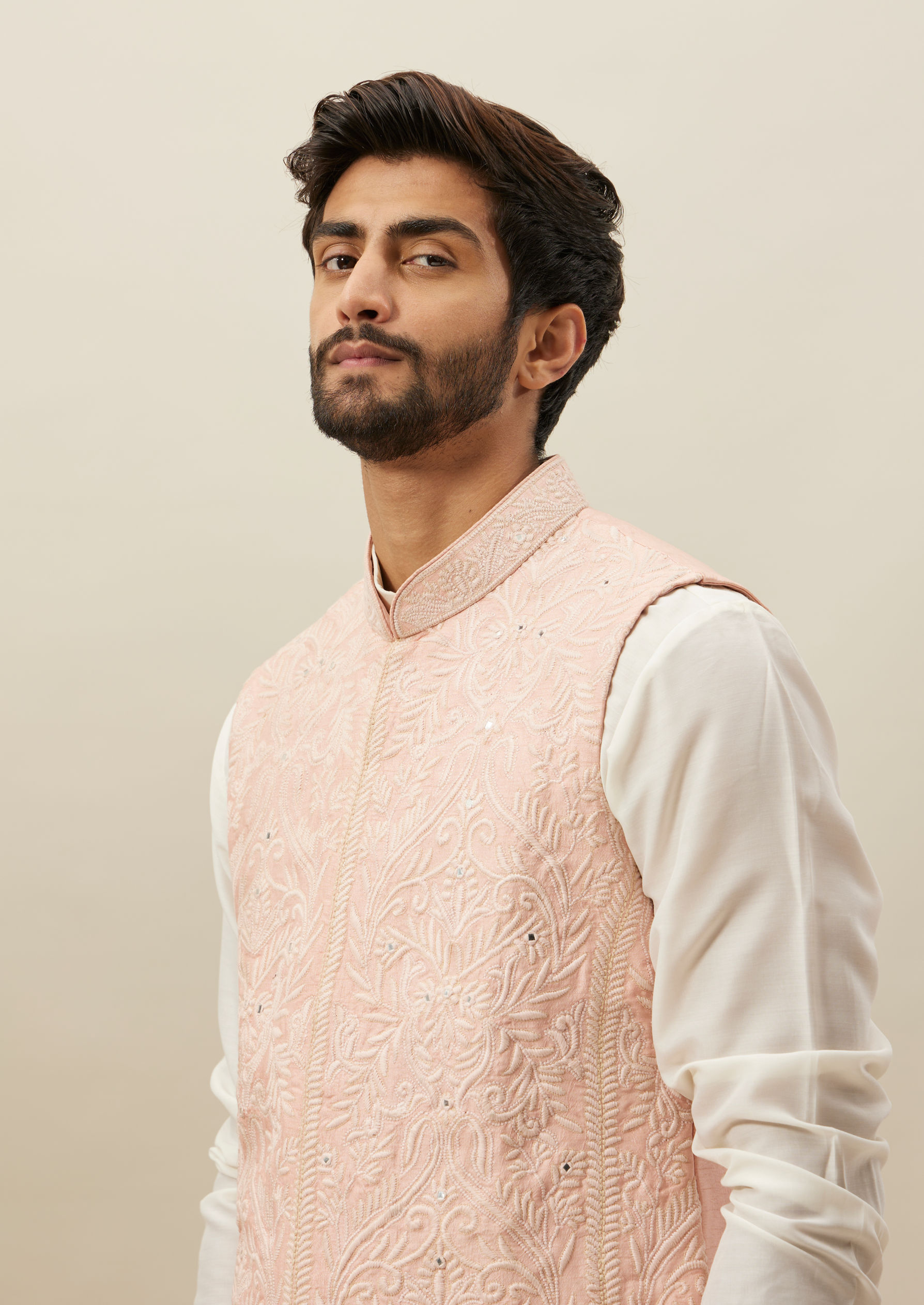 Twamev Men Light Pink Self Embroidered Draped Kurta Jacket Set
