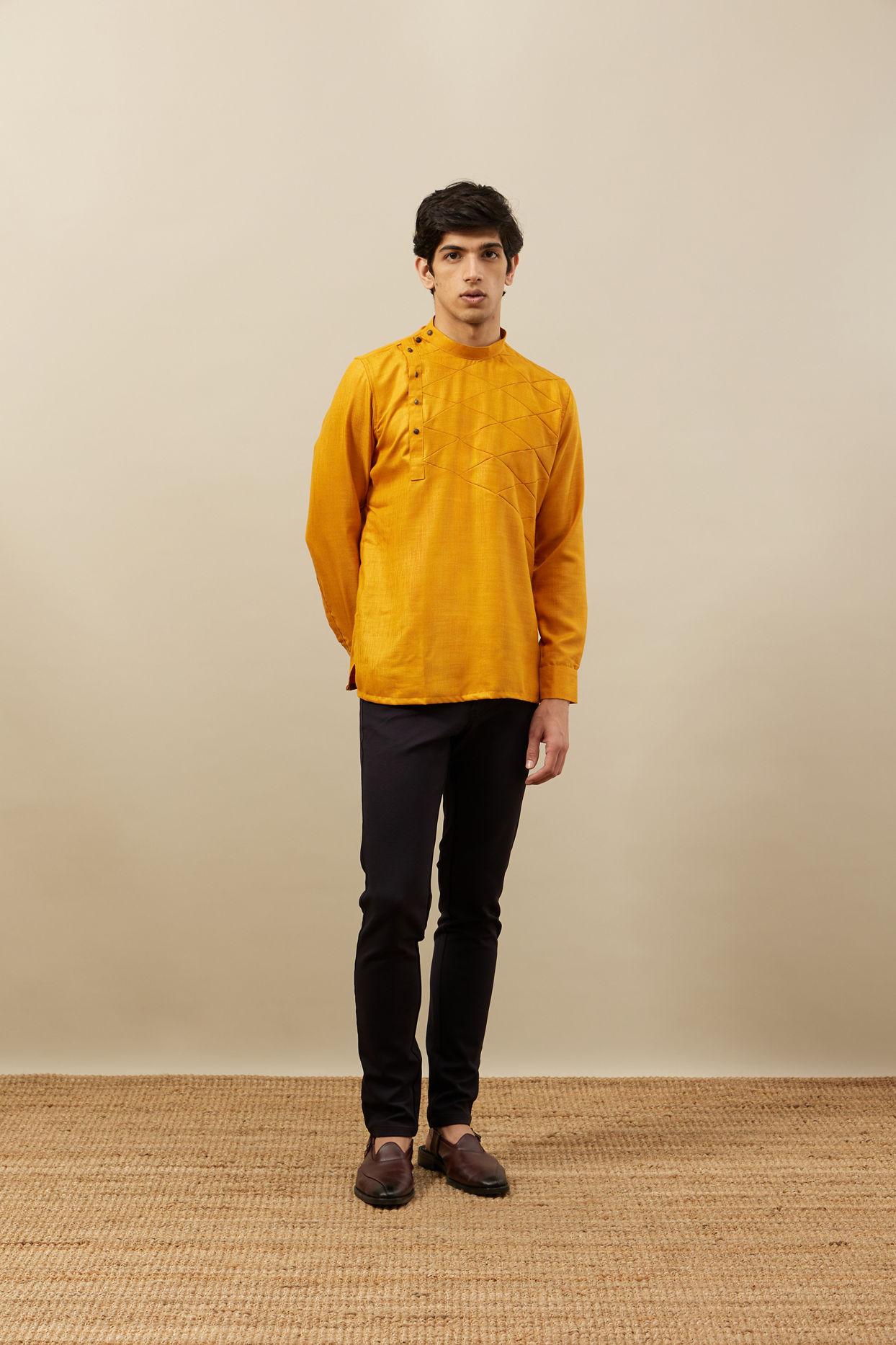 Manyavar Men Amber Orange Angrakha Style Short Kurta