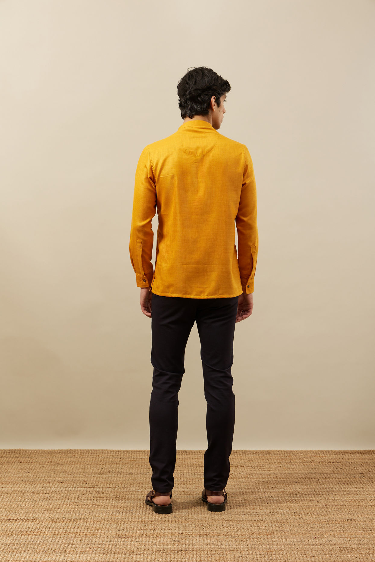 alt message - Manyavar Men Amber Orange Angrakha Style Short Kurta image number 3