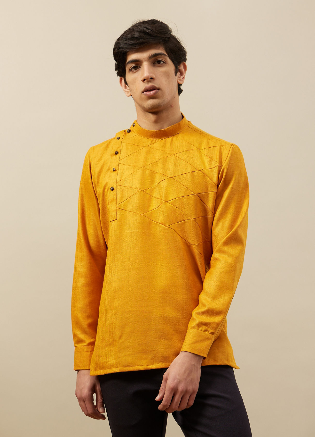 Manyavar Men Amber Orange Angrakha Style Short Kurta