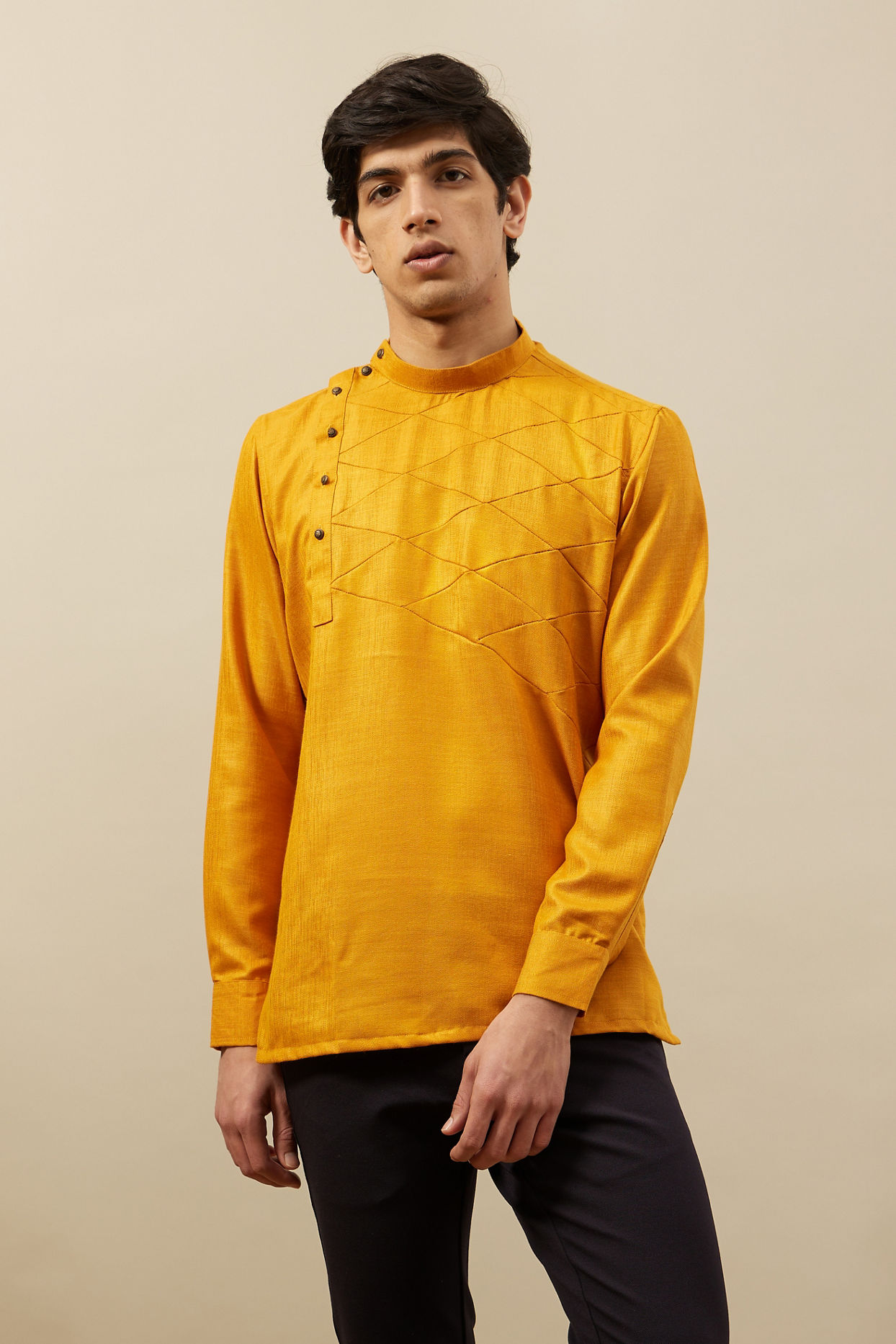 alt message - Manyavar Men Amber Orange Angrakha Style Short Kurta image number 0