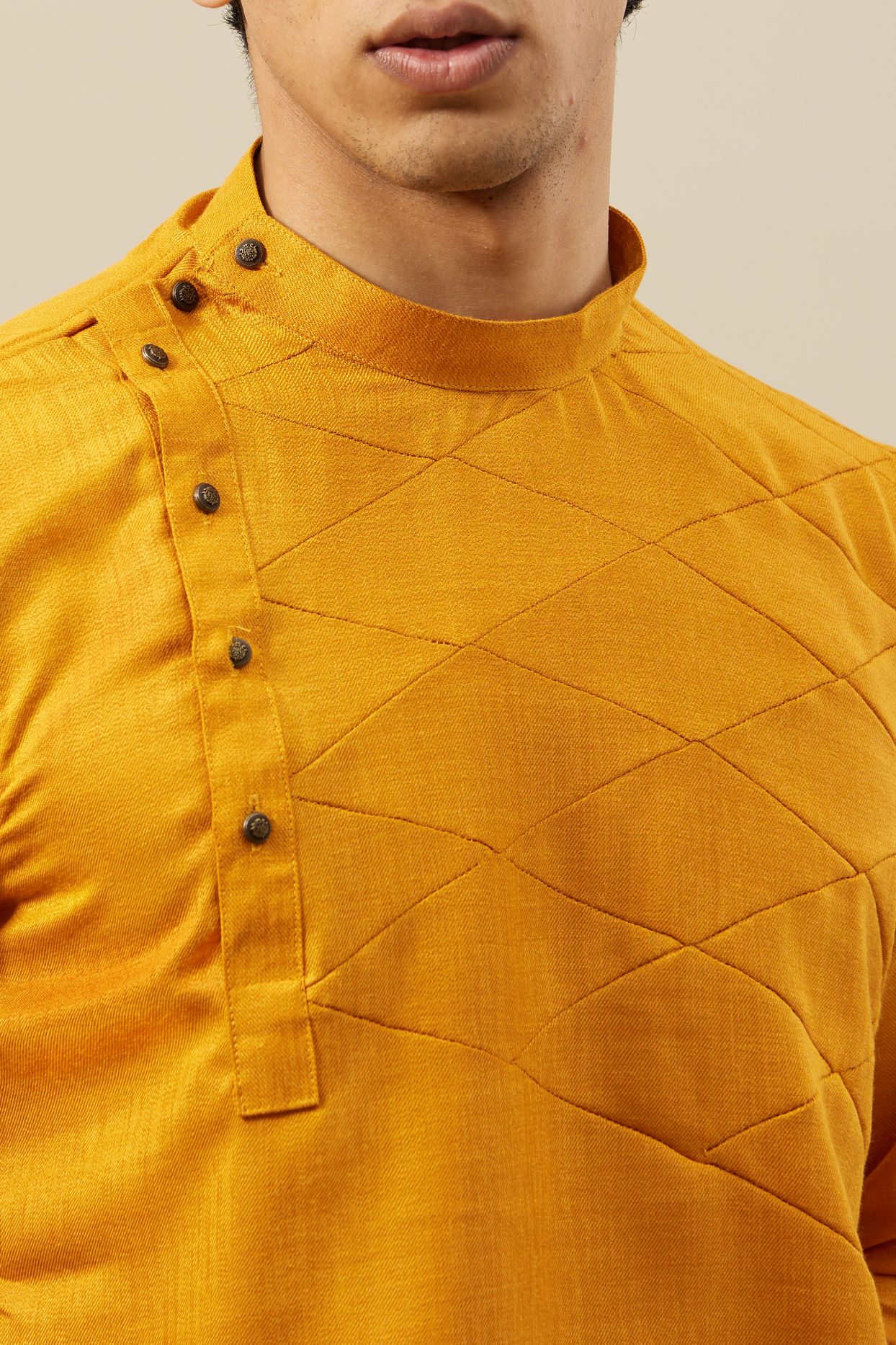 alt message - Manyavar Men Amber Orange Angrakha Style Short Kurta image number 1