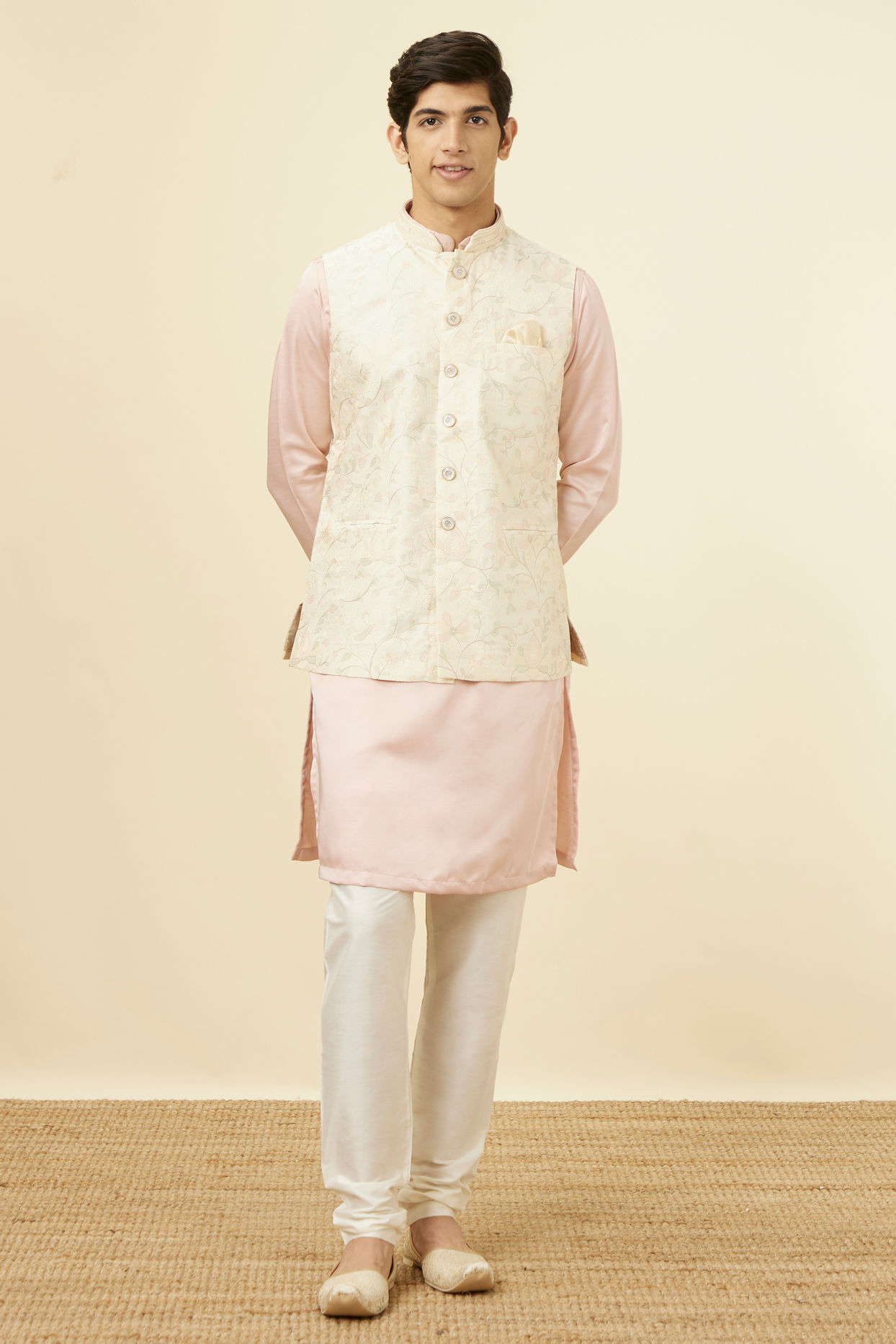 alt message - Manyavar Men Cream Self Design Jacket image number 2