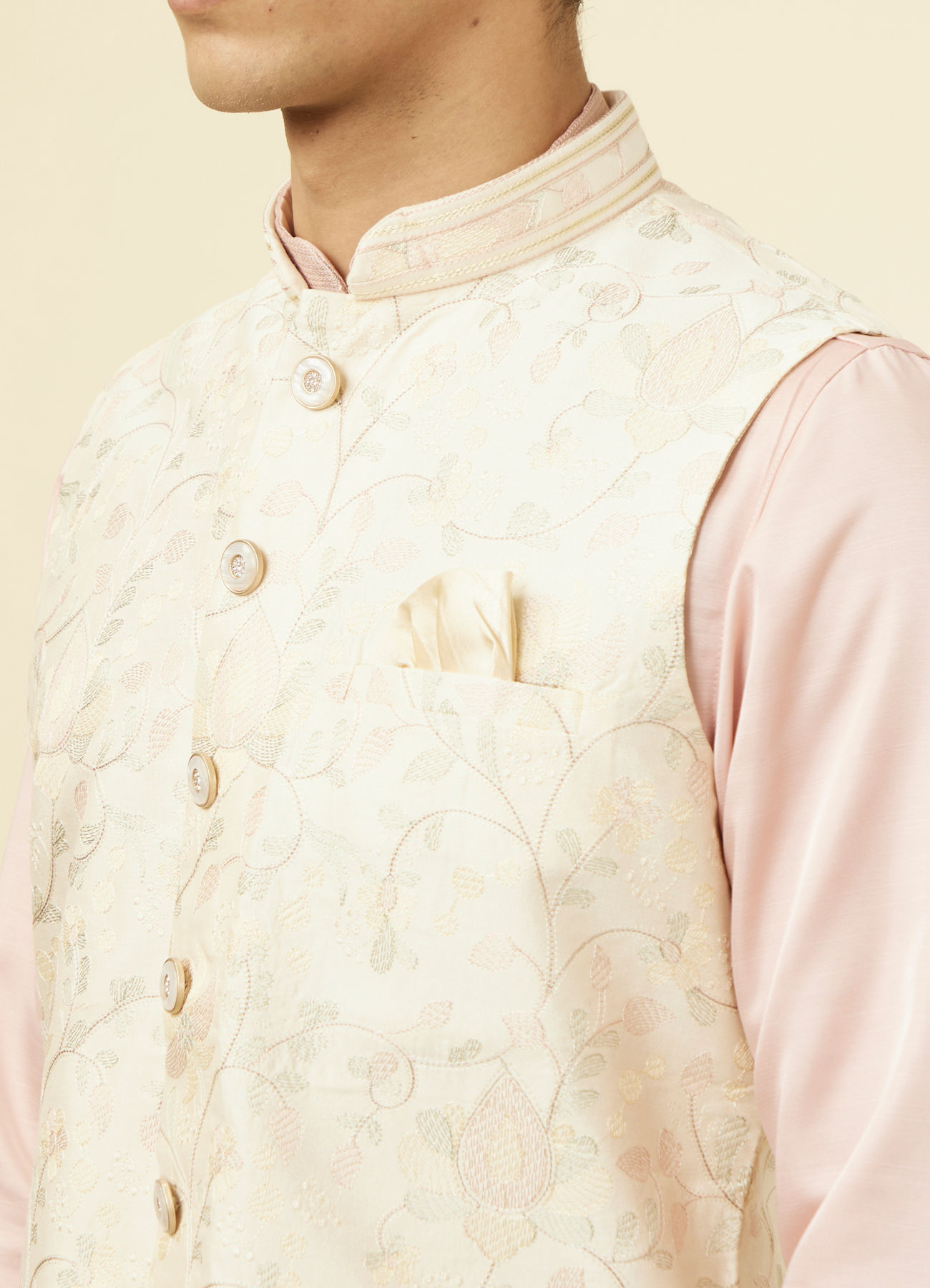 Manyavar Men Cream Self Design Jacket