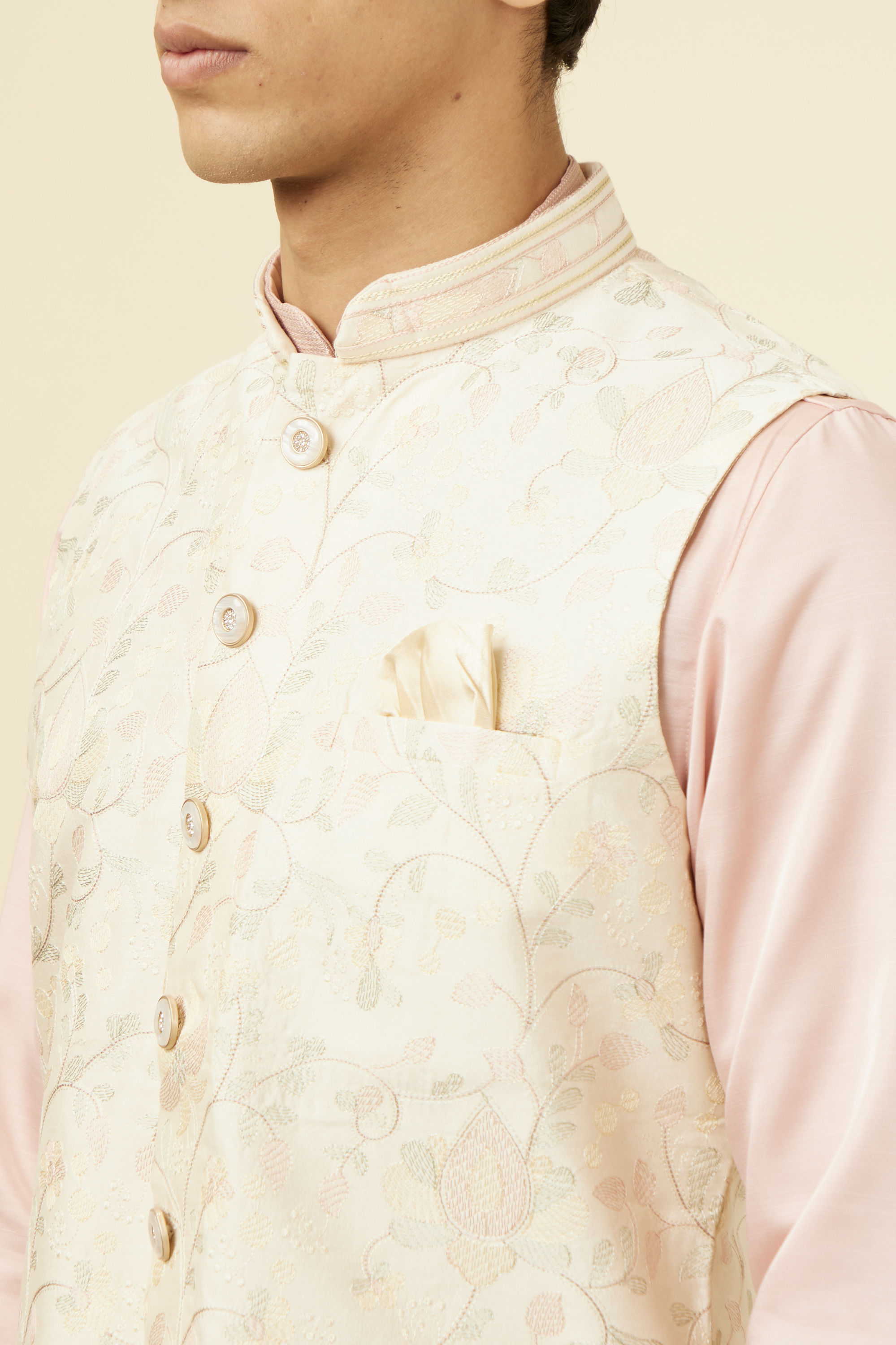 Manyavar Men Cream Self Design Jacket
