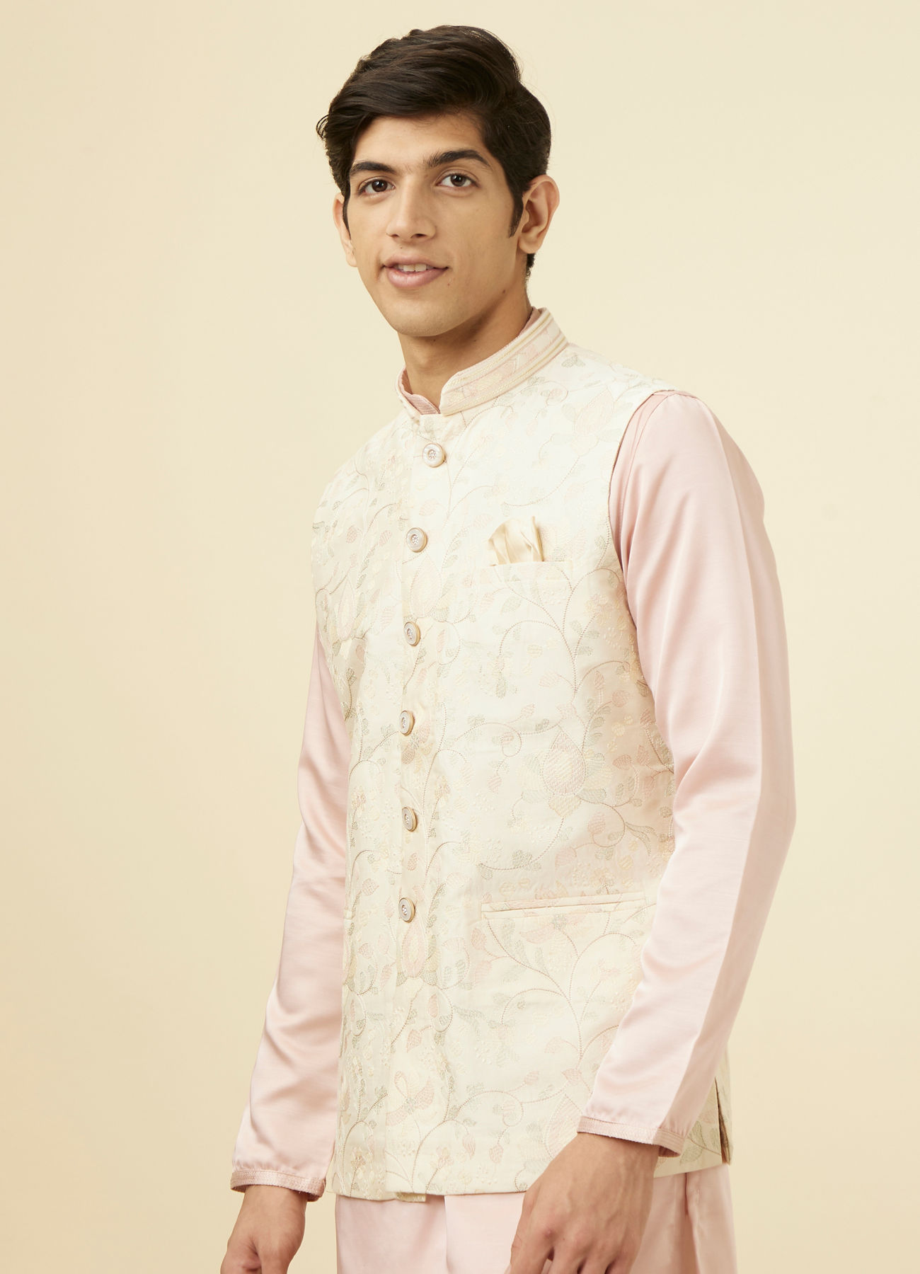 Manyavar Men Cream Self Design Jacket