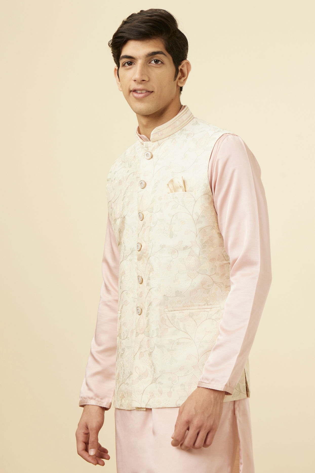 Manyavar Men Cream Self Design Jacket