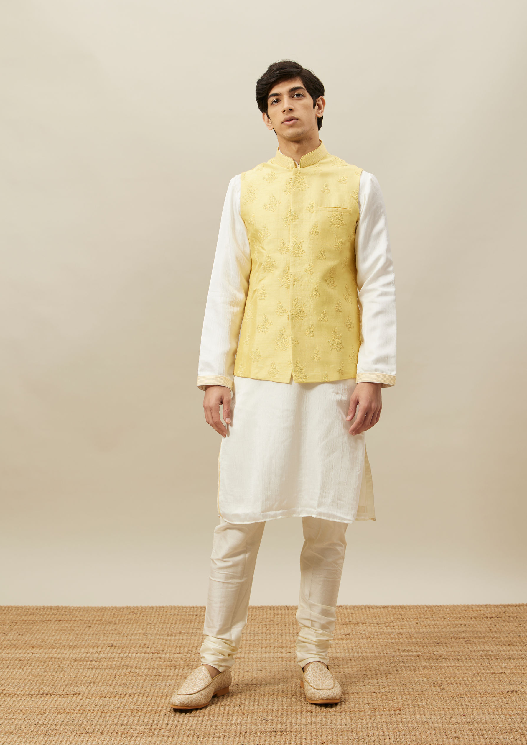 Twamev Men Light Yellow Self Embroidered Kurta Jacket Set