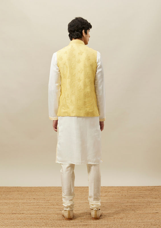 Twamev Men Light Yellow Self Embroidered Kurta Jacket Set