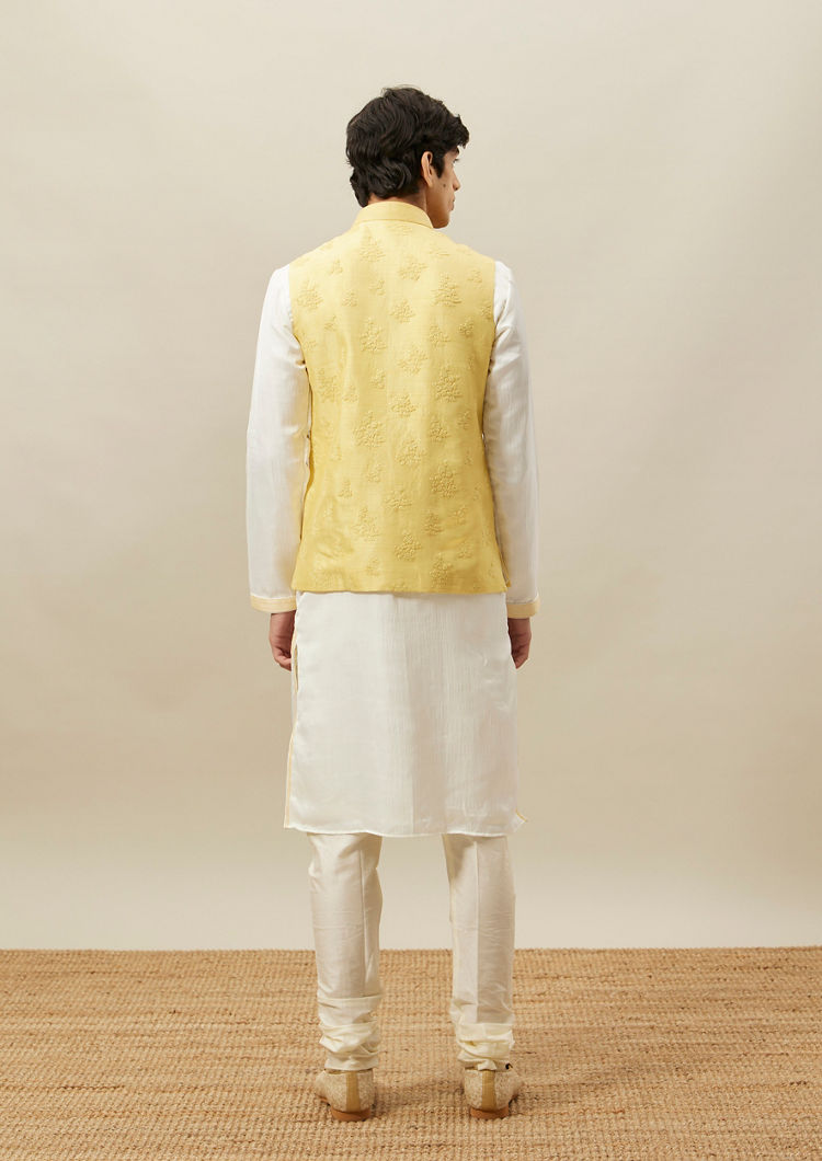 Twamev Men Light Yellow Self Embroidered Kurta Jacket Set