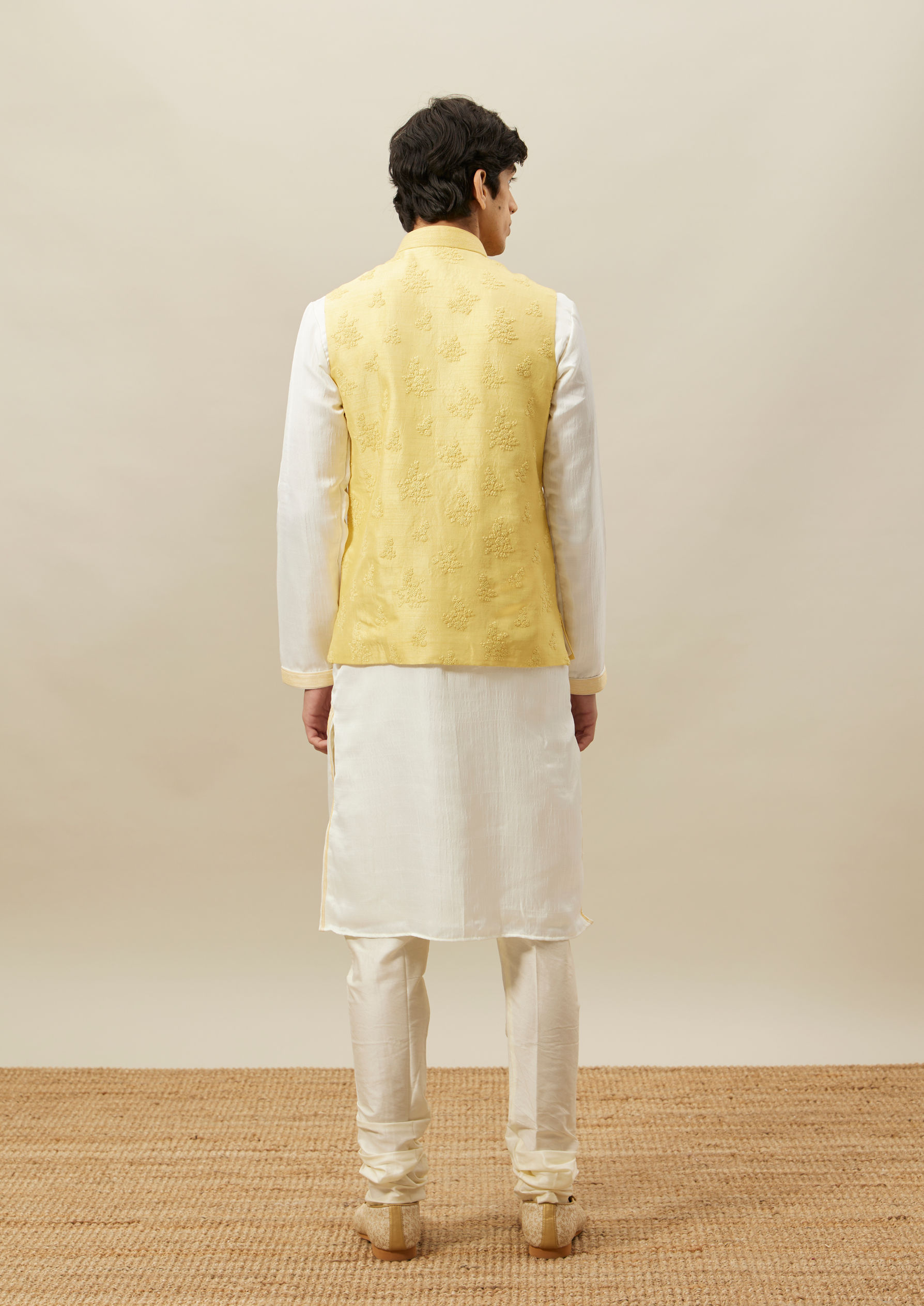 Twamev Men Light Yellow Self Embroidered Kurta Jacket Set
