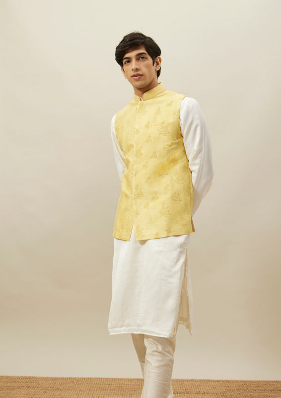 Twamev Men Light Yellow Self Embroidered Kurta Jacket Set