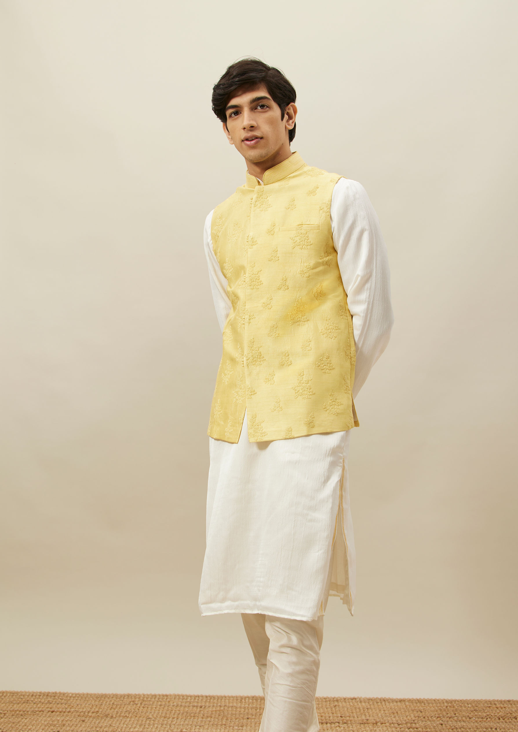 Twamev Men Light Yellow Self Embroidered Kurta Jacket Set