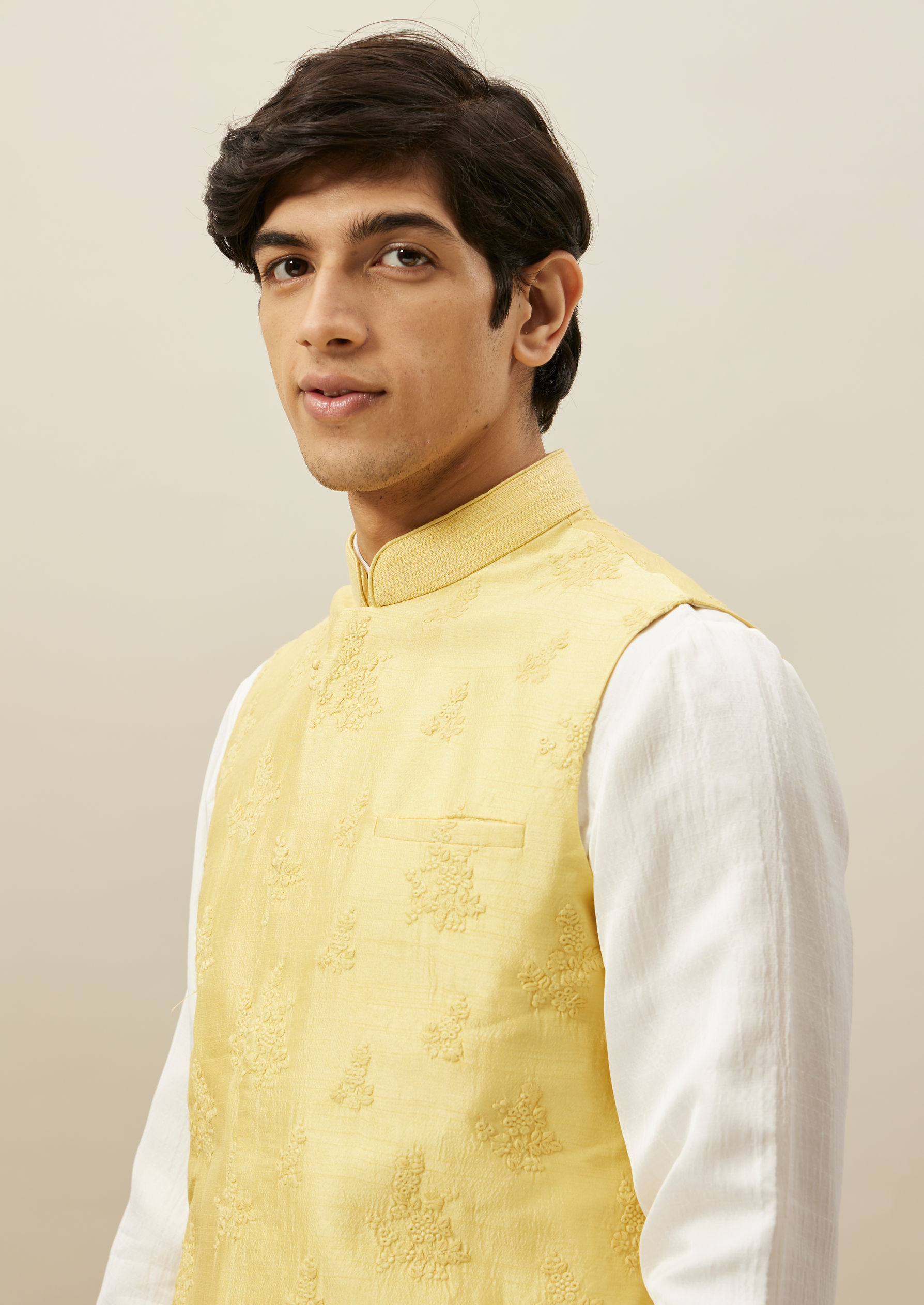 Twamev Men Light Yellow Self Embroidered Kurta Jacket Set