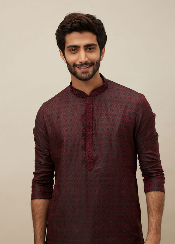 Manyavar Men Maroon Ogee Patterned Kurta Set
