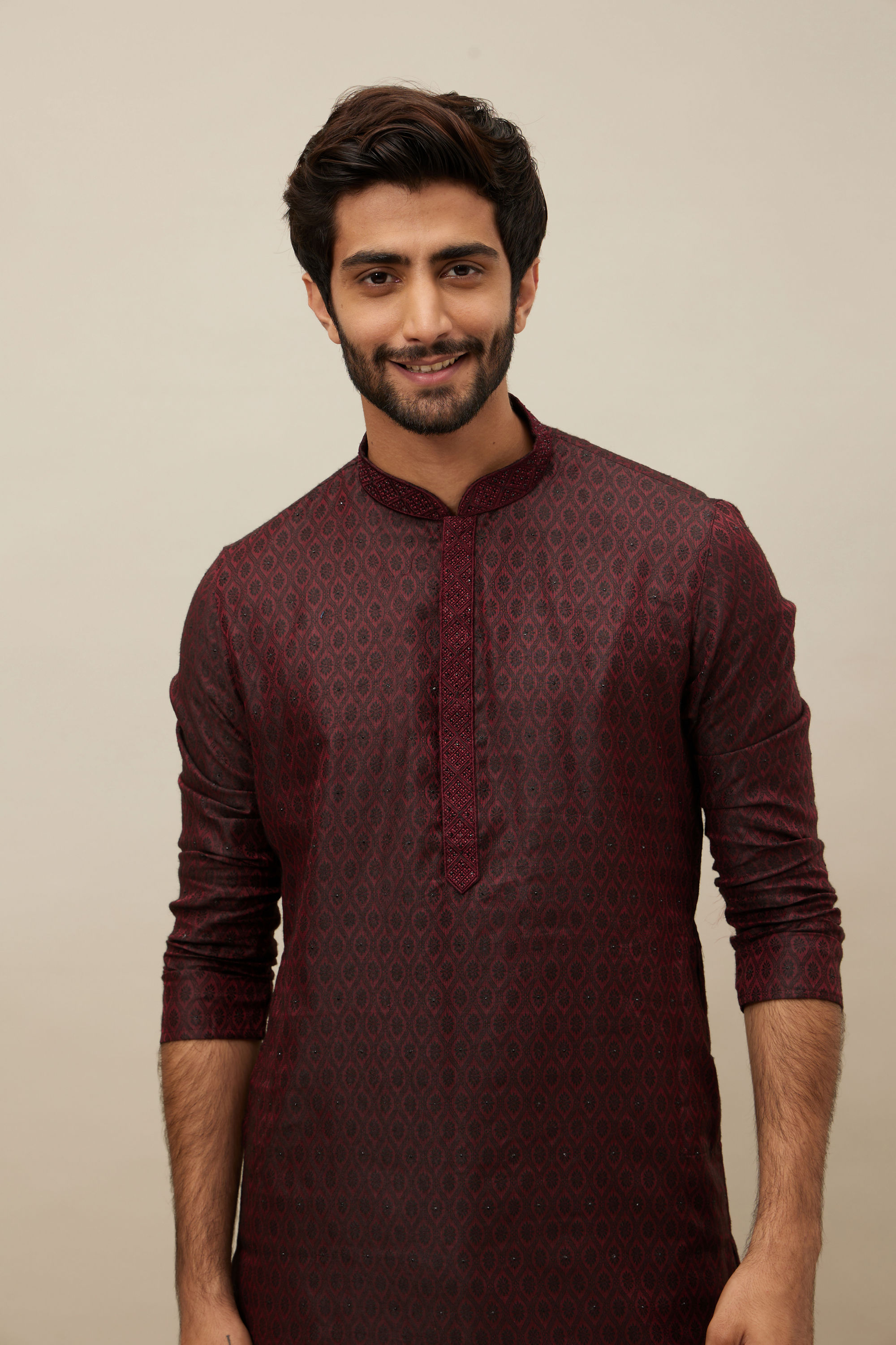 Manyavar Men Maroon Ogee Patterned Kurta Set