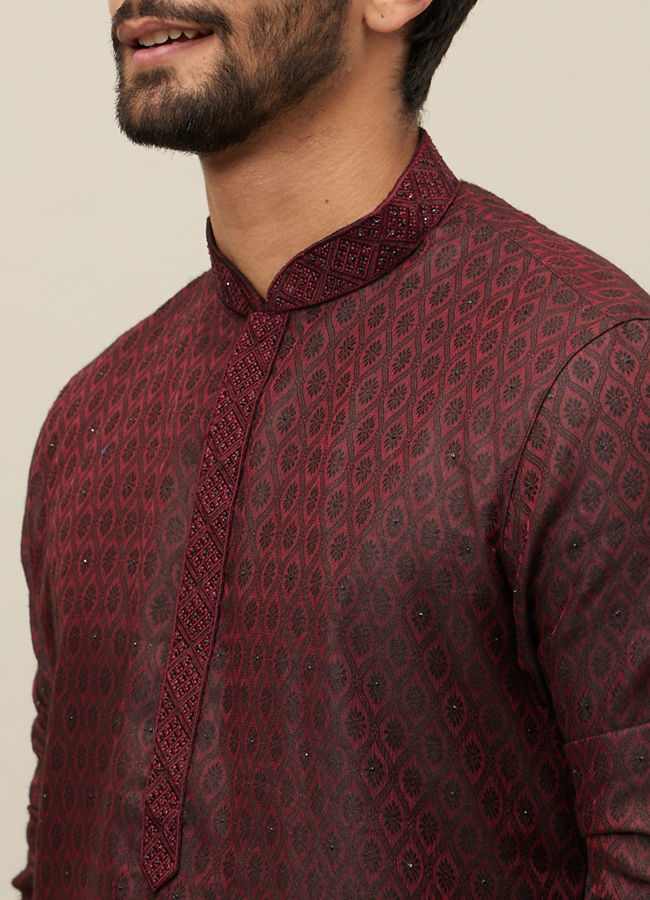 Manyavar Men Maroon Ogee Patterned Kurta Set