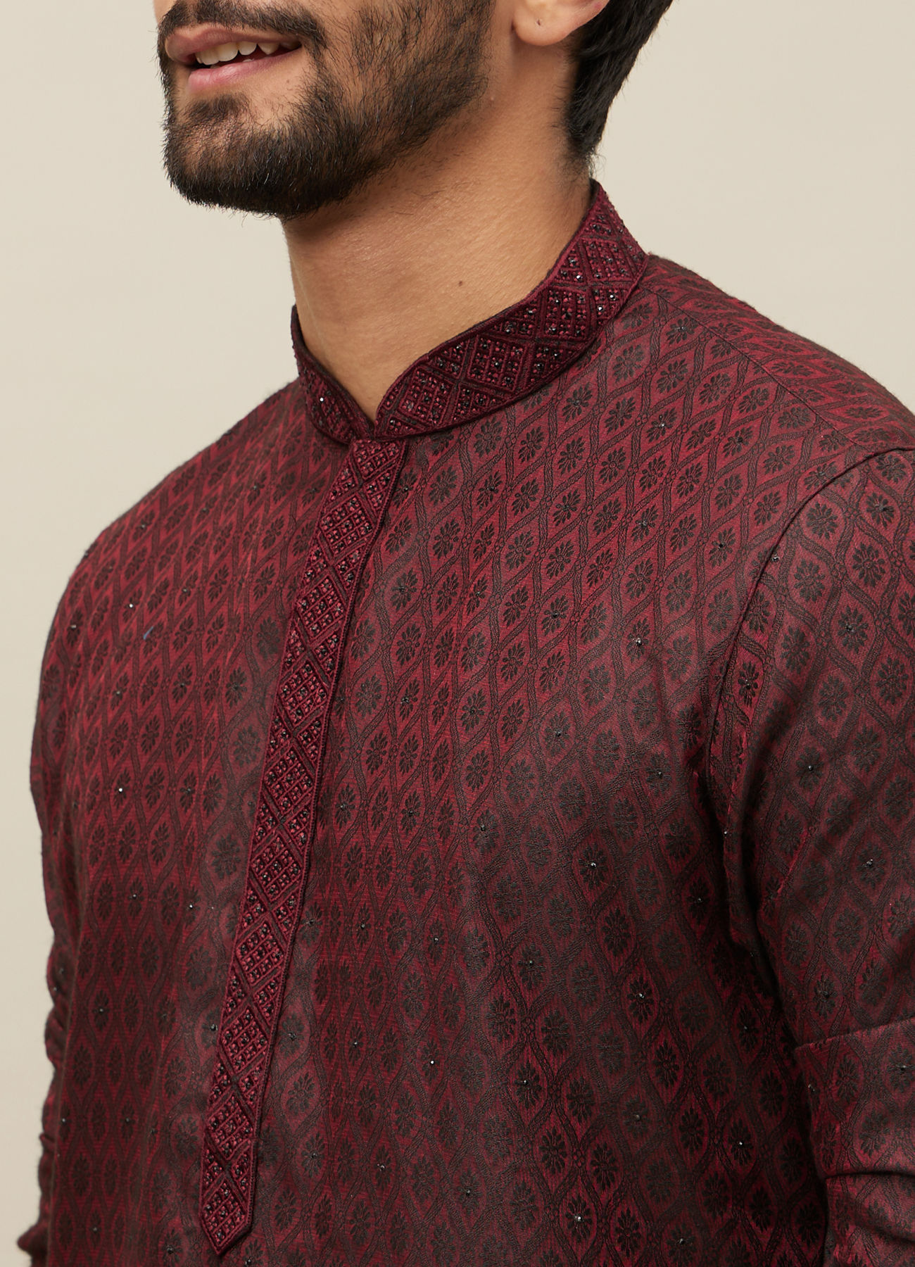 Manyavar Men Maroon Ogee Patterned Kurta Set
