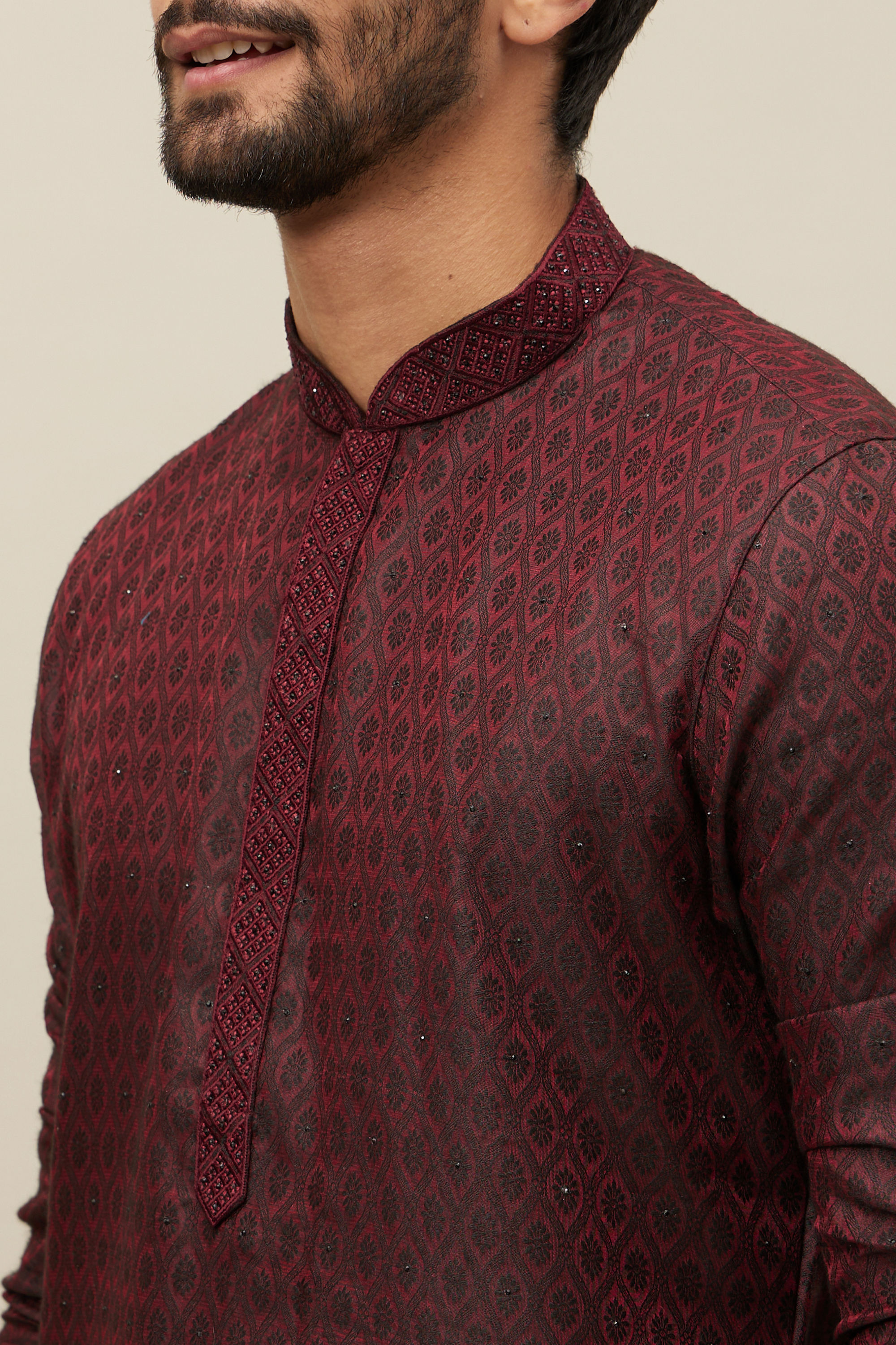 Manyavar Men Maroon Ogee Patterned Kurta Set