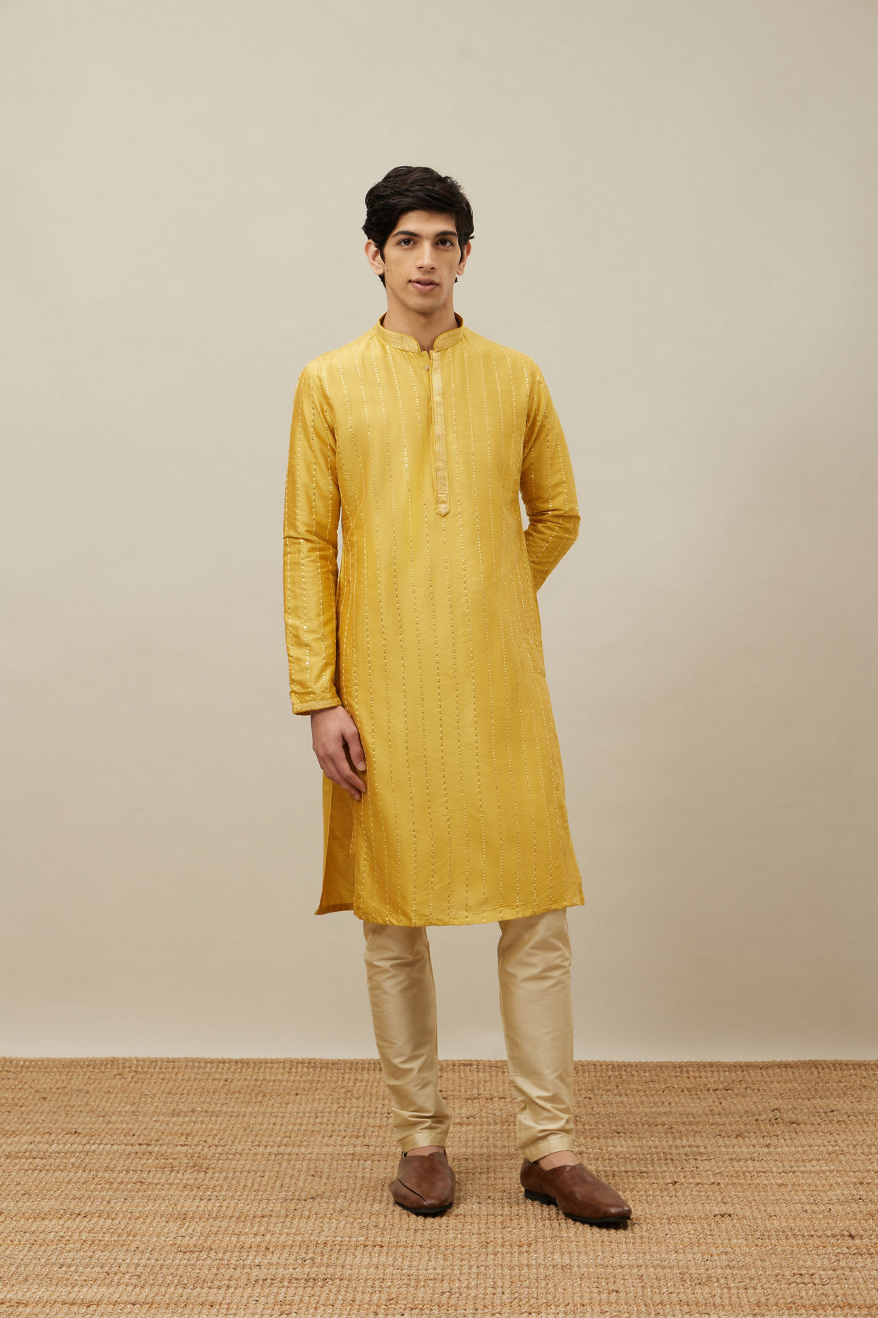 Manyavar Men Aurora Gold Vertical Patterned Kurta Set