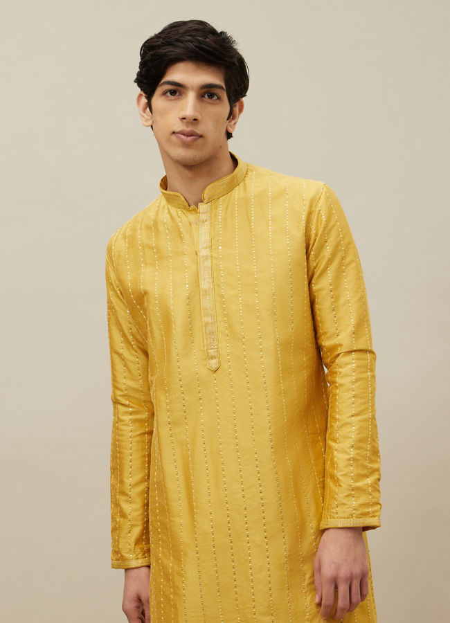 alt message - Manyavar Men Aurora Gold Vertical Patterned Kurta Set image number 0