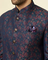 Manyavar Men Midnight Blue Floral Patterned Suit