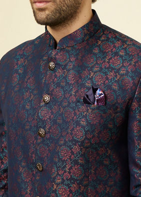 Mignight Blue Floral Patterned Jodhpuri Suit image number 1