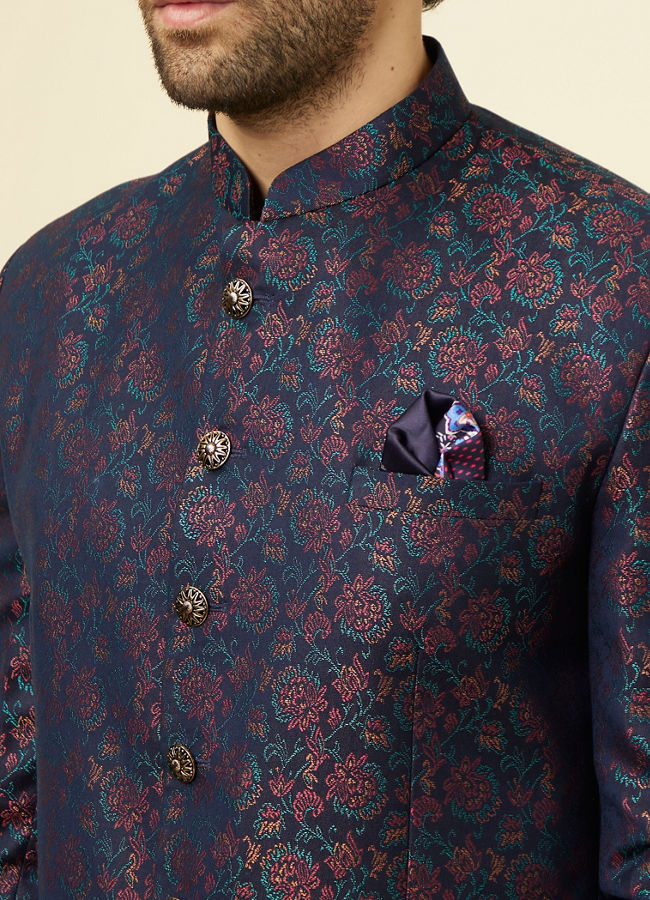 alt message - Manyavar Men Midnight Blue Floral Patterned Suit image number 1