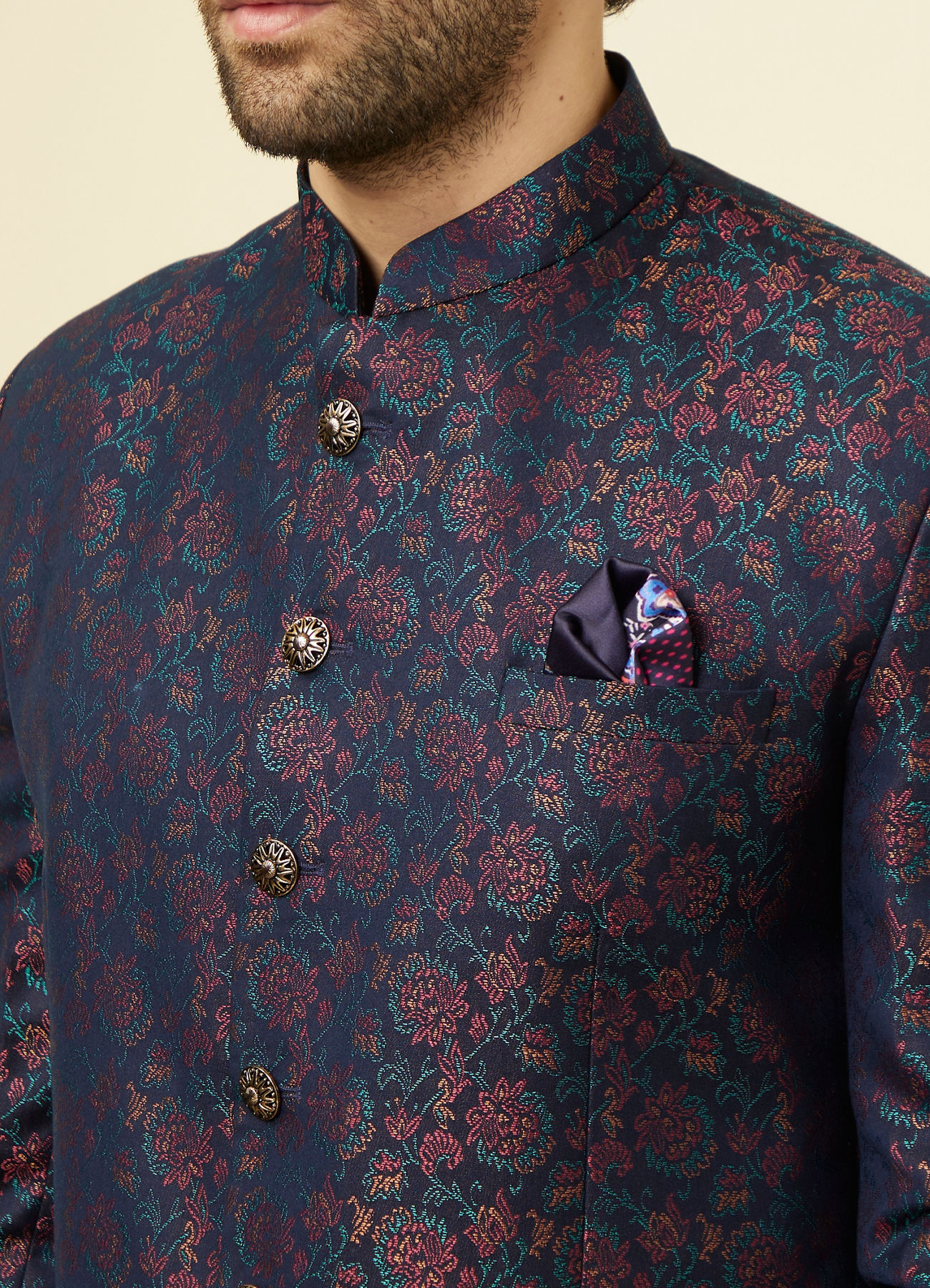 Manyavar Men Midnight Blue Floral Patterned Suit